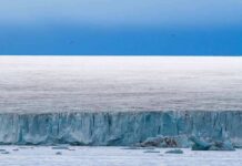 Ice cliff along a polar glacier under a blue sky