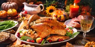 Roast turkey with stuffing on a festive autumn table