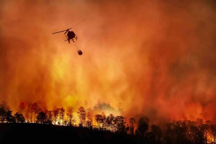 Helicopter fights massive wildfire over burning forest