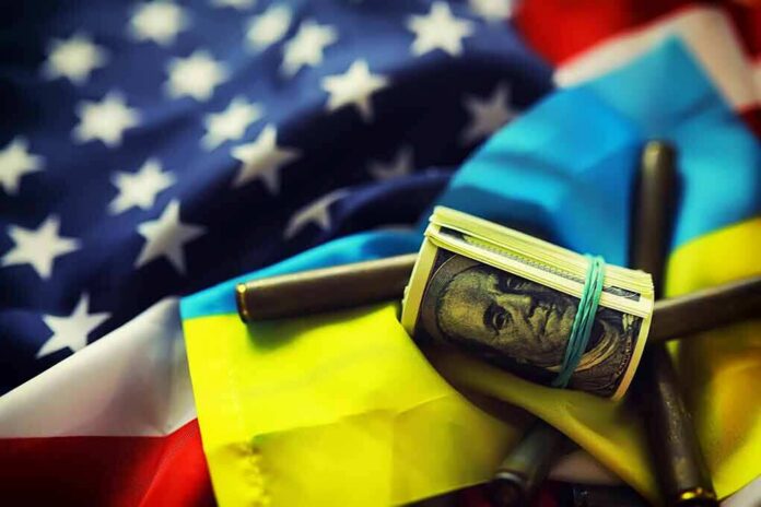U.S. and Ukrainian flags with cash roll and bullet casings