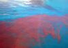 Aerial view of red bloom spreading across blue ocean water