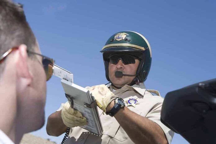 Police officer issues a traffic ticket to a driver