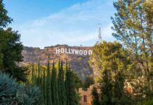 Hollywood Sign on hillside framed by trees
