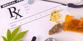 Medical prescription with cannabis, pills, and a stethoscope