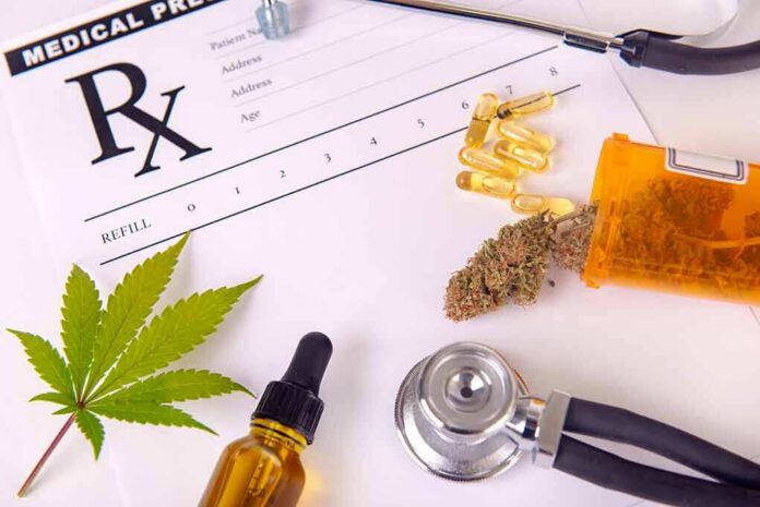 Medical prescription with cannabis, pills, and a stethoscope