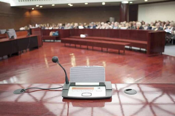 Conference microphone on a podium in a courtroom