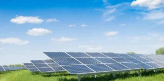 Solar panels in a field under a blue sky