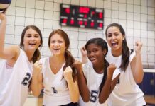 “Nearly Nude” Ad Has Female Athletes in an Uproar Four female volleyball players celebrating in a gymnasium