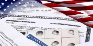 U.S. immigration and naturalization documents with American flag