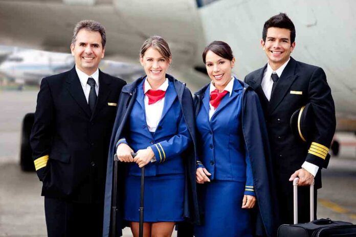 Airline crew standing together on the tarmac