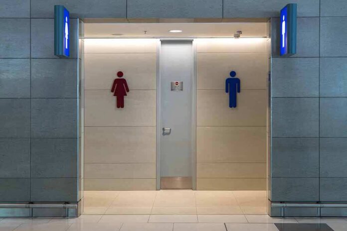 Public restroom entrance with male and female symbols