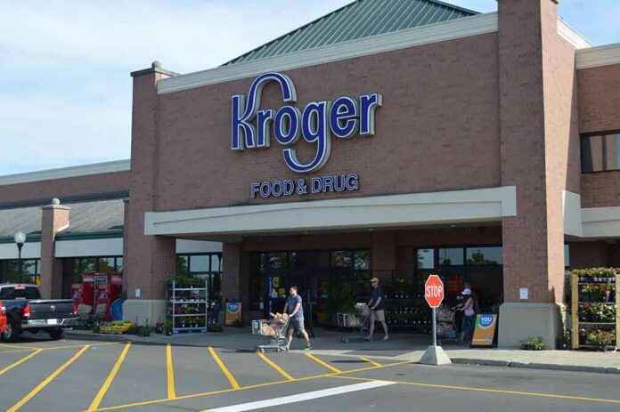 Kroger storefront with shoppers and carts