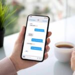 Person holding smartphone with messaging app beside a cup of coffee