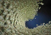 Tornado of US dollar bills swirling into a vortex