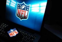 Game On. Cameras Off. Paris Standoff NFL logo on laptop screen and smartphone