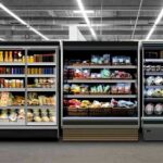 Supermarket refrigerated display cases with drinks, produce, and prepared foods
