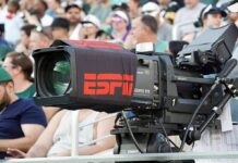 Broadcast television camera at a sports event